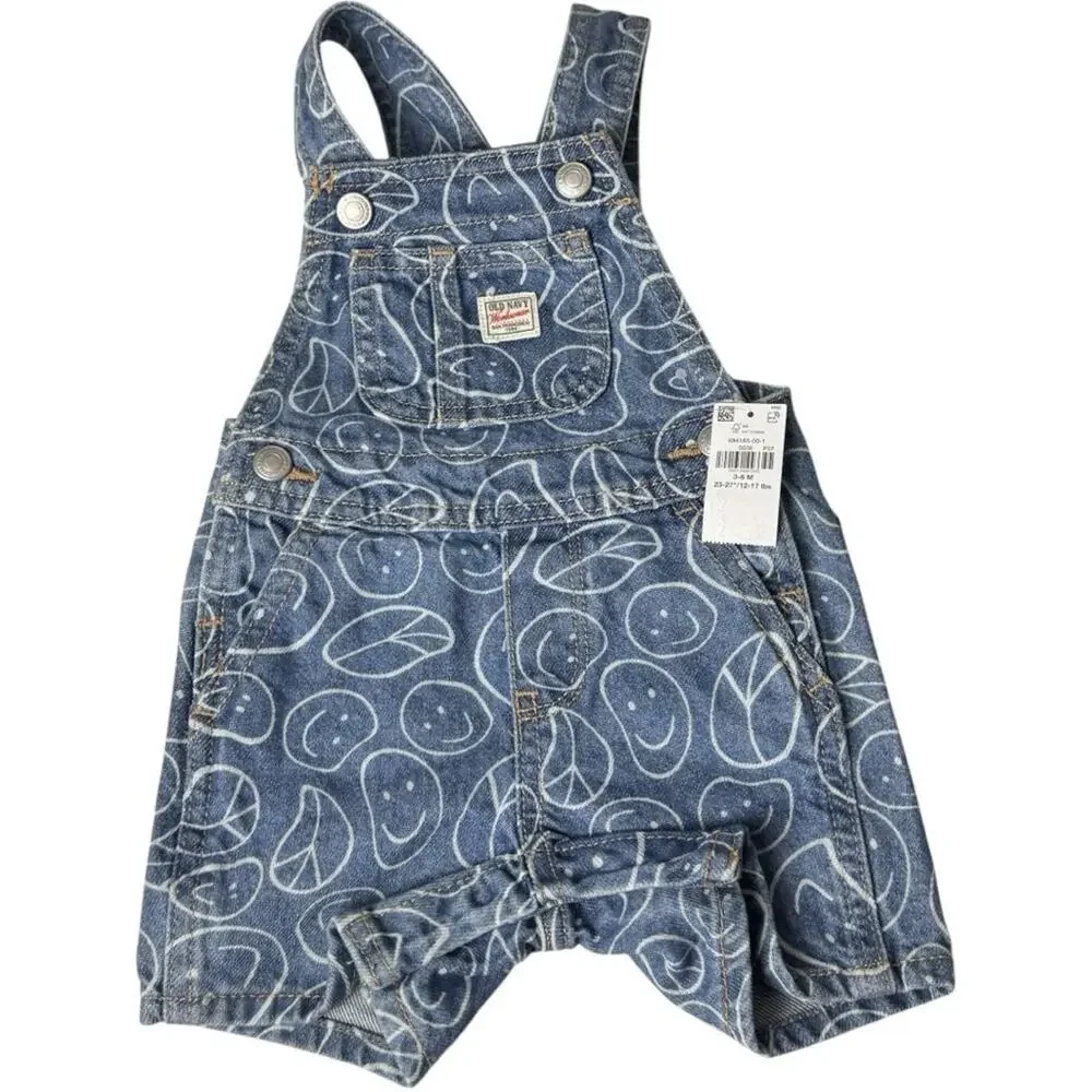 Old Navy Baby Smiley Face Print Denim Blue Kids Overalls Sz 3-6M NWT
